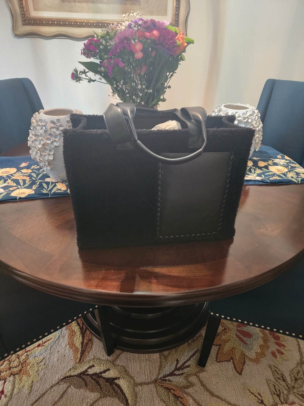 BCBG Black Faux Shearling Tote Bag with Leather Trim